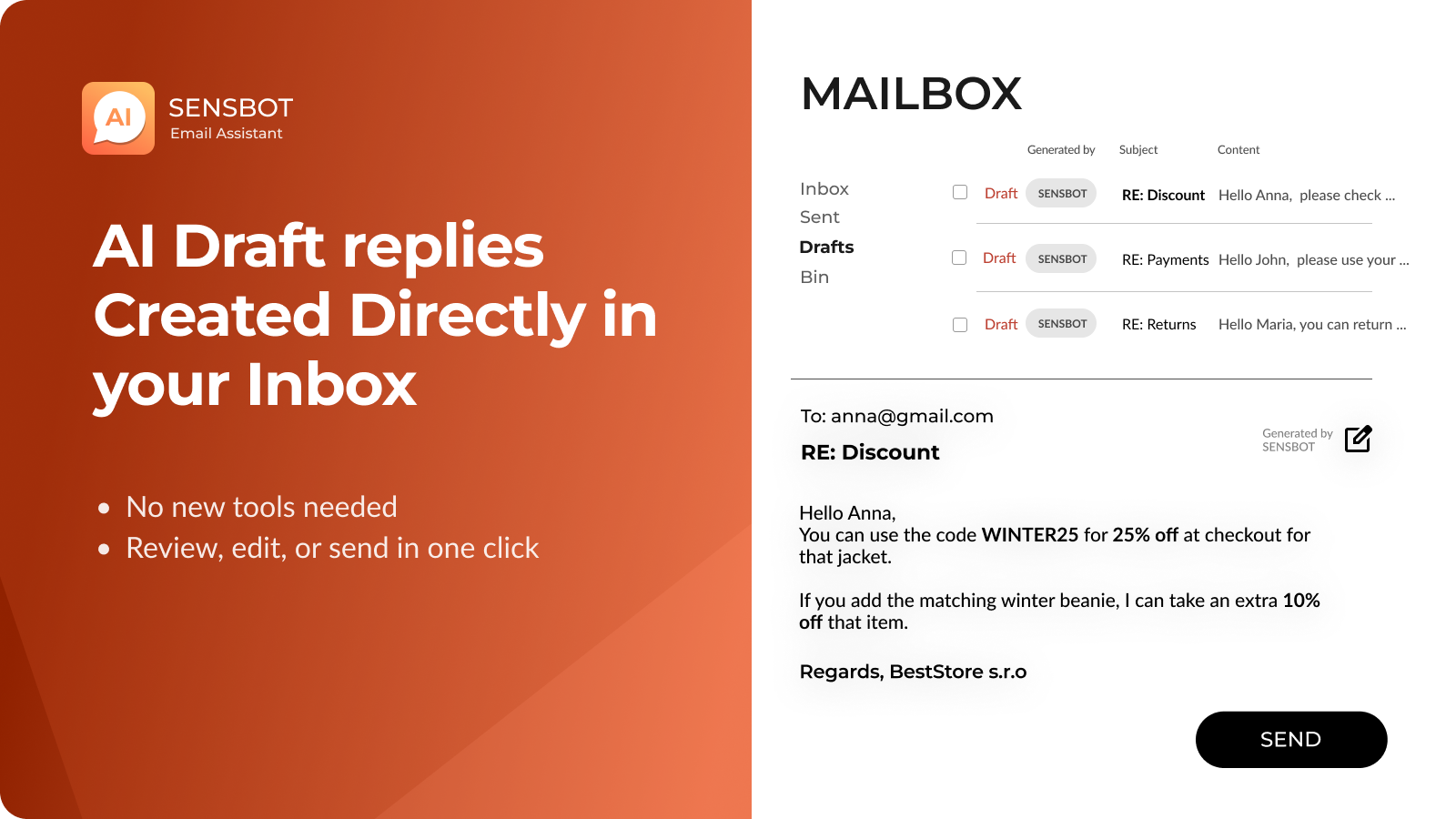 AI draft replies created directly in your inbox