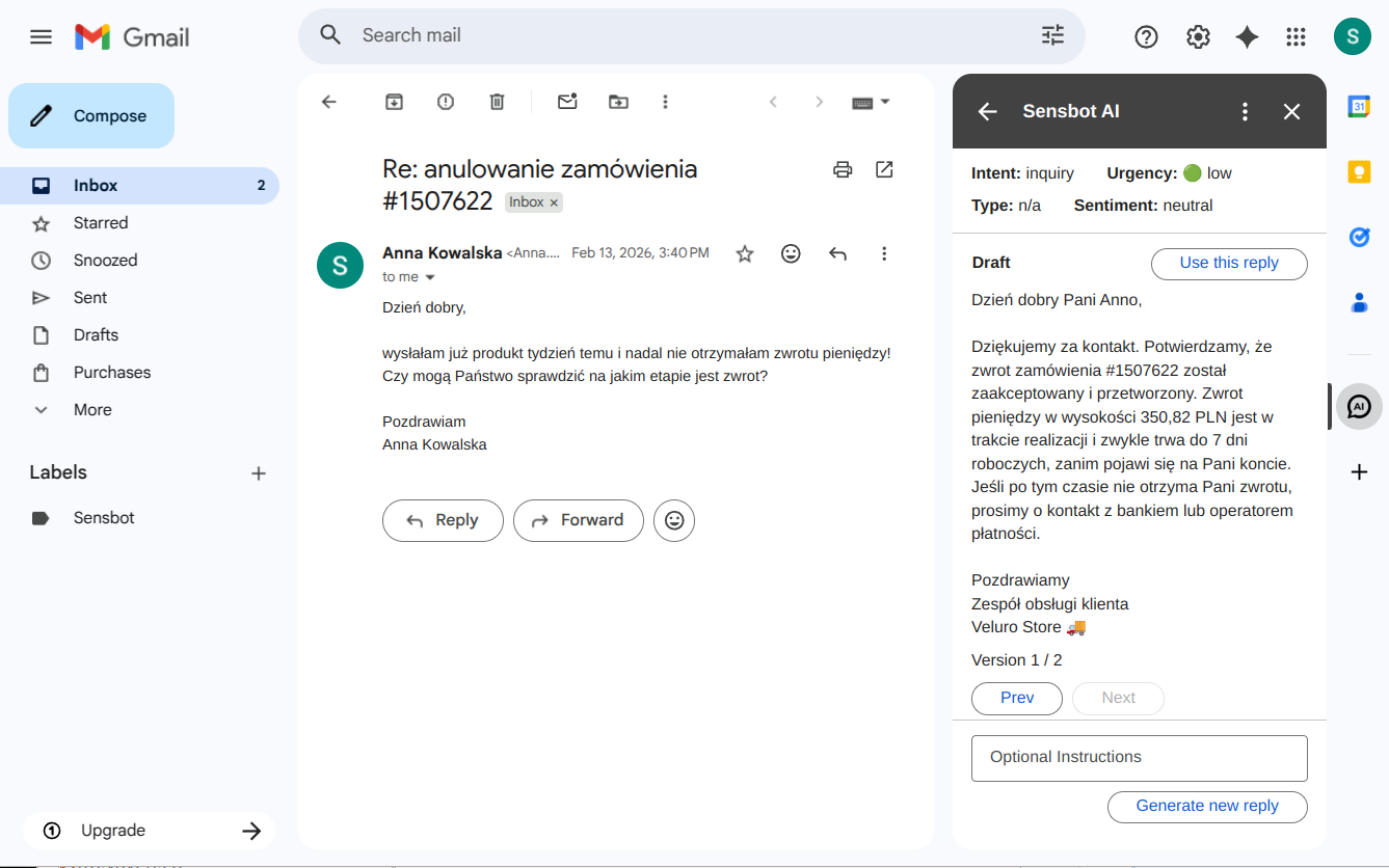 Sensbot panel in Gmail with the suggested reply