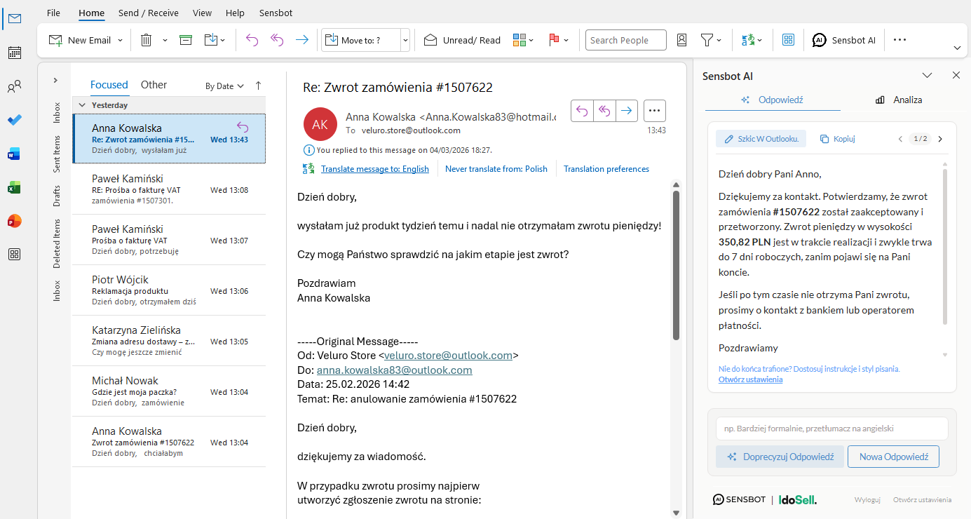 Sensbot panel in Outlook with the suggested reply