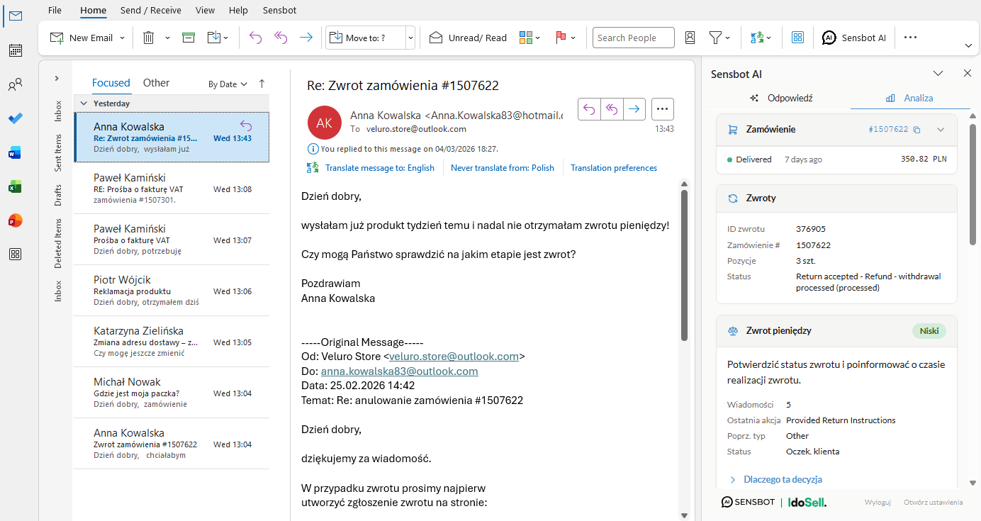 Sensbot analysis panel in Outlook with order context